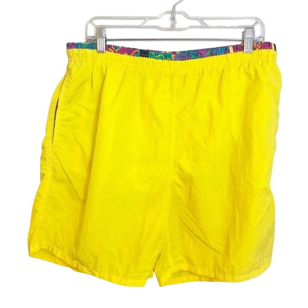 Vintage Style Mens Yellow Swim Trunks Mesh Lined‎ Retro 90s Neon Shorts Large